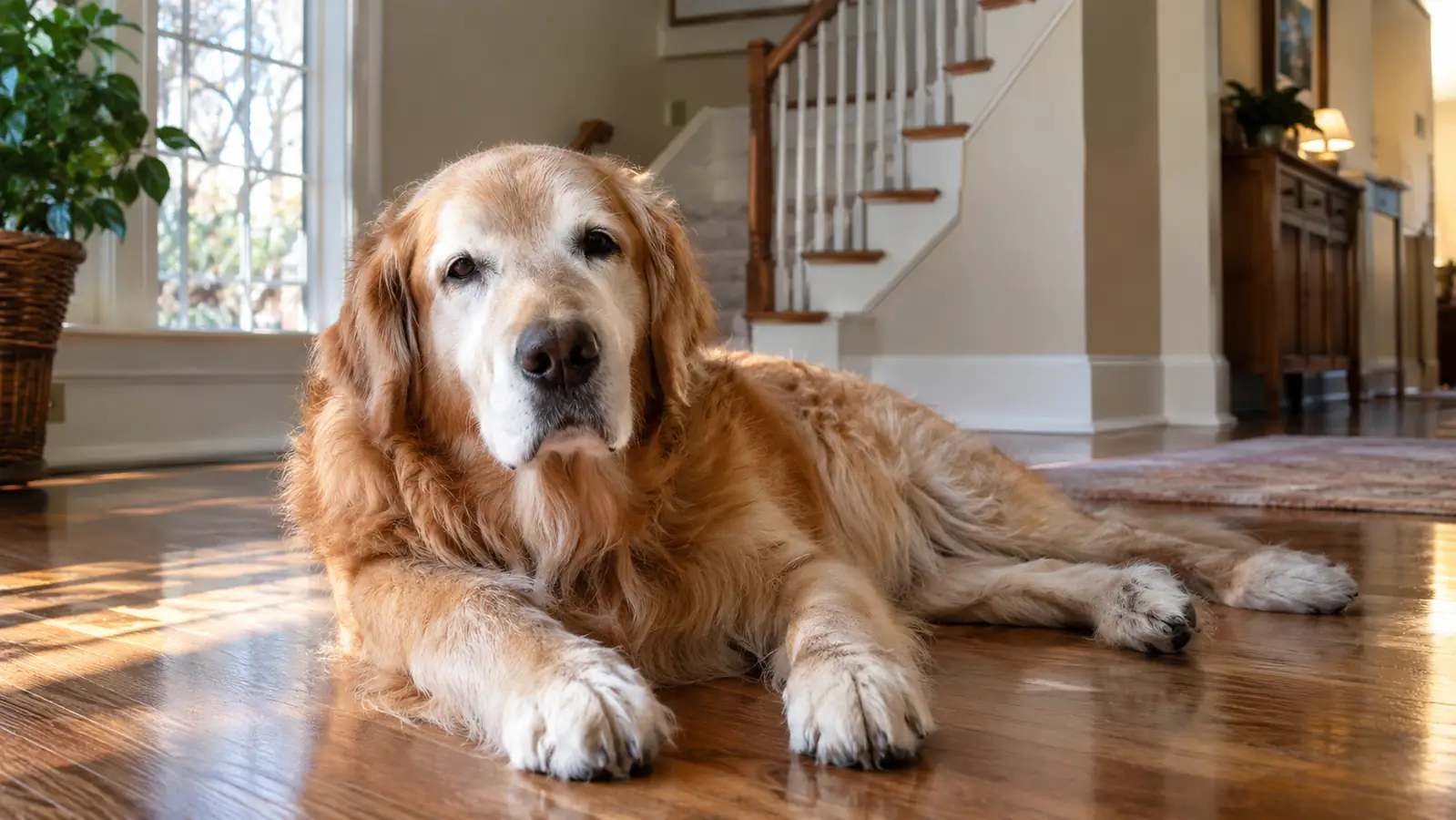 A large dog resting on a hardwood floor in a bright living room after a walk