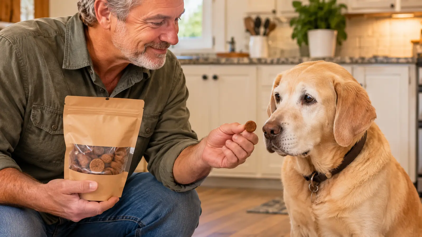 A hand offering a soft chew to a large dog sitting on the kitchen floor
