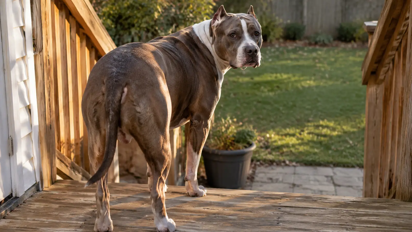 A large dog waiting at the top of three back-porch steps in late afternoon light