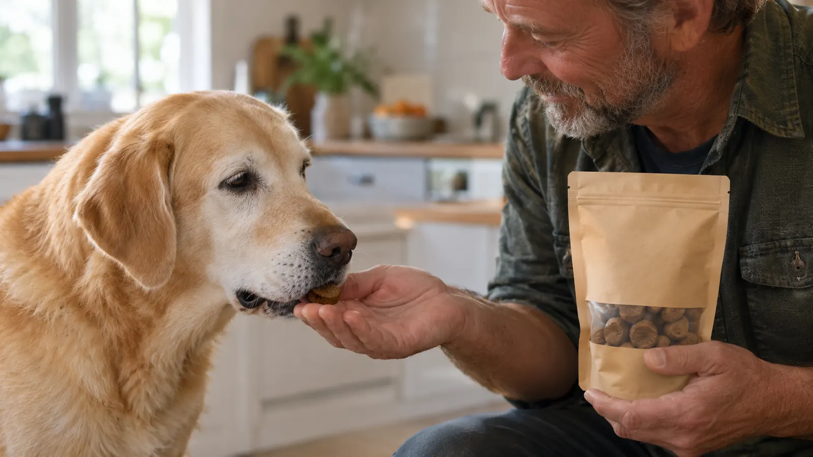 A hand offering a soft chew supplement to a large dog, which takes it gently from the palm