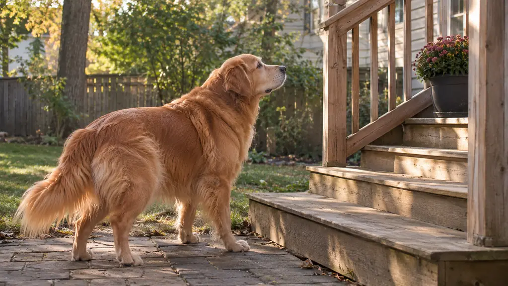 A large dog standing at the bottom of three wooden back-porch steps, looking up