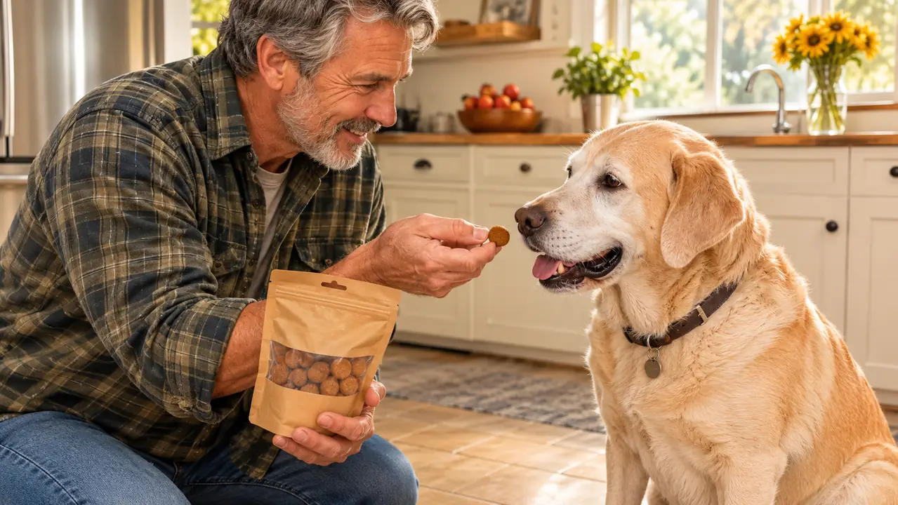 A person's hand offering a soft chew to a large dog sitting on a kitchen floor