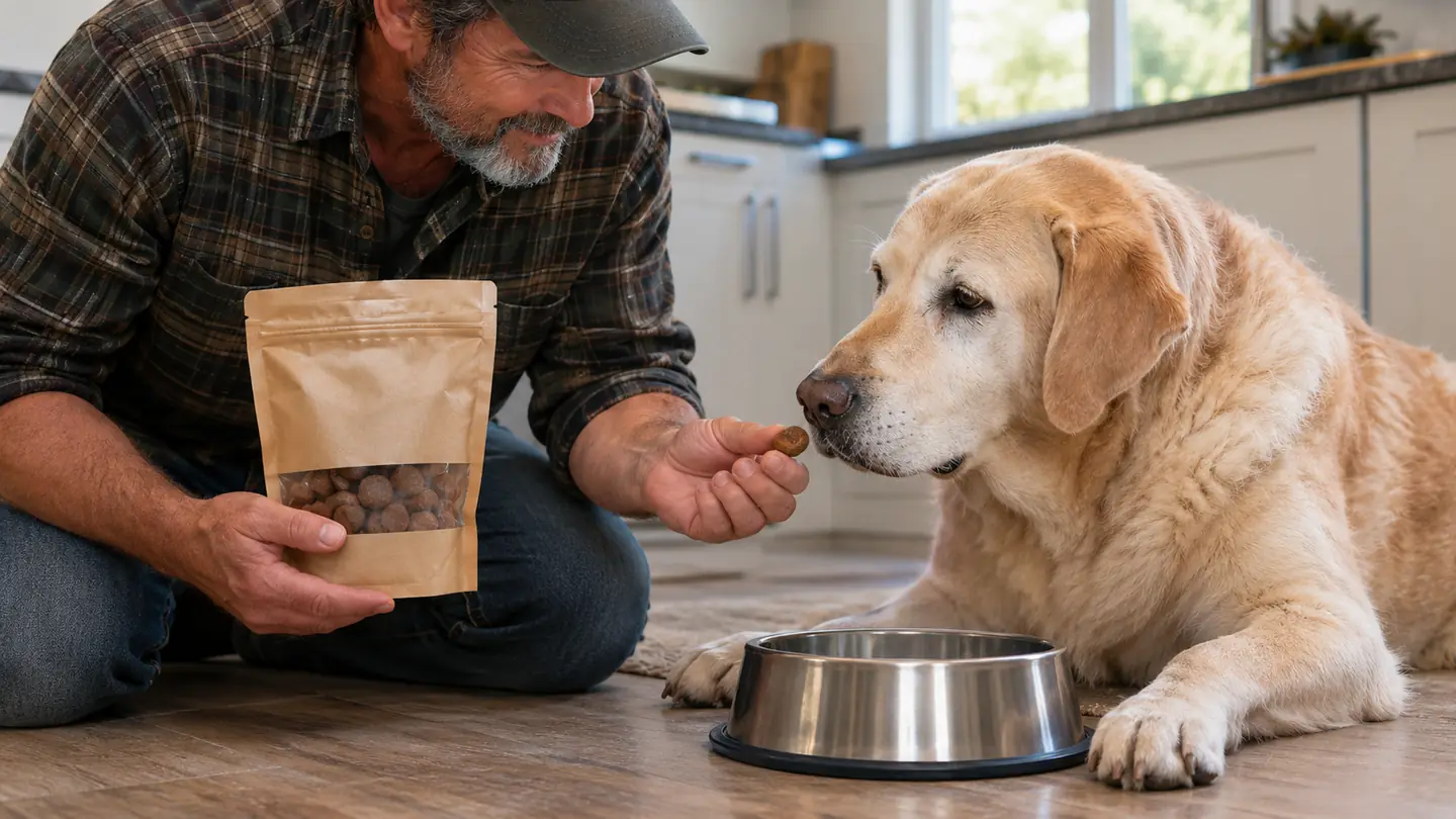 A hand offering a soft chew to a large dog beside a stainless steel bowl