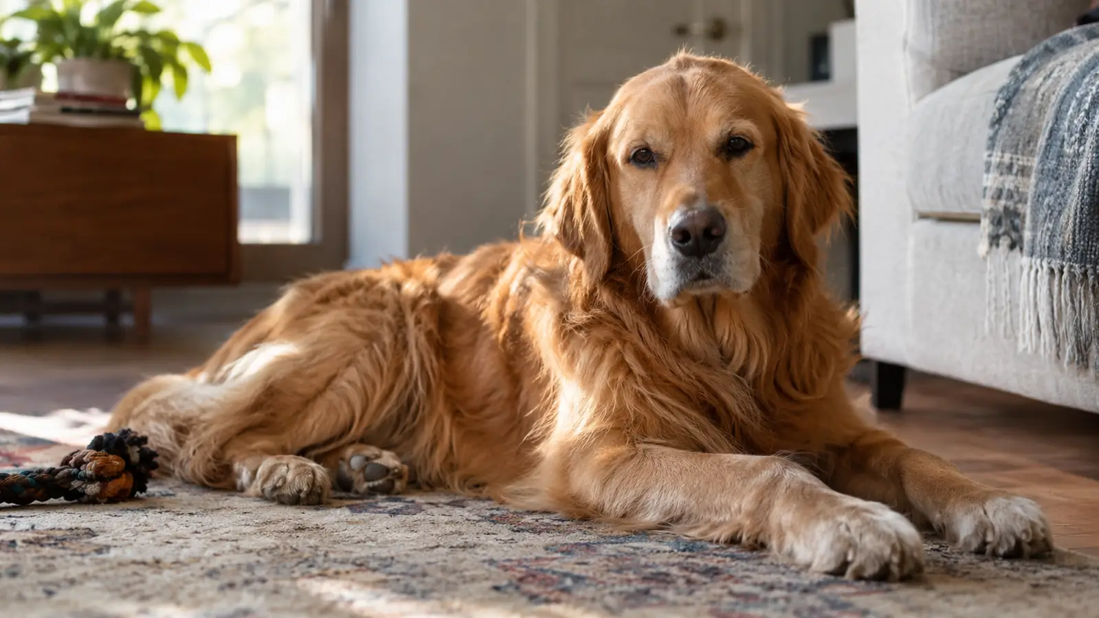 A large dog resting on a rug after a morning walk